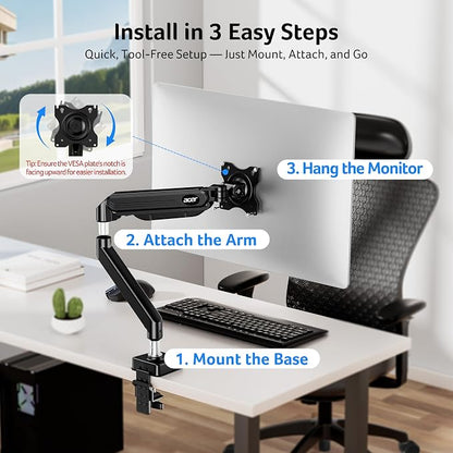 Acer Single Monitor Mount, Fully Adjustable Monitor Arm Fits 17 to 34 Inch Screens, Gas Spring VESA Mount with C-Clamp & Grommet Base, Computer Desk Arm with Tilt Swivel Rotate Supports 4.4-19.8 lbs
