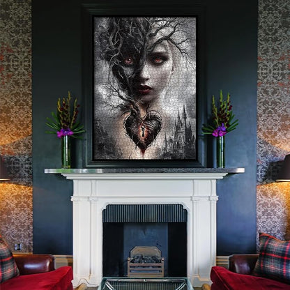 Magic Women Heart Puzzles for Adults 1000 Pieces, Fantasy Puzzle Tree of Life Key Demon Angel Jigsaw Puzzles, Black White Castle Impossible Hard Difficult Challenging Puzzle