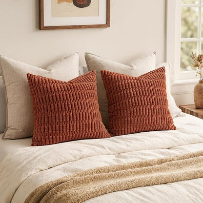 MIULEE Fall Pack of 2 Corduroy Decorative Throw Pillow Covers 16x16 Inch Soft Boho Striped Pillow Covers Modern Farmhouse Home Decor for Sofa Living Room Couch Bed Rust