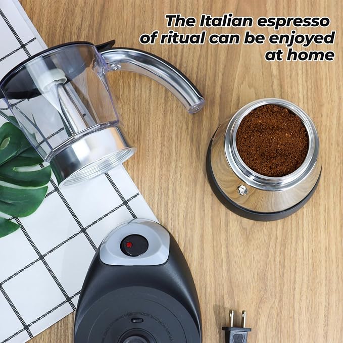 Electric Plastic Clear Moka Pot 3-6 Cup 150-300ml Mocha Pot | Stainless Steel Espresso Maker with Detachable Base Ideal Coffee Maker for Home Italian and Cuban Café Coffeemaker Black