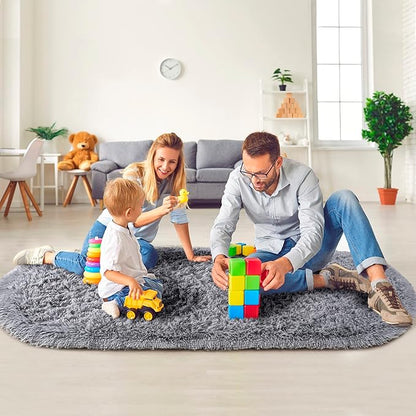 Noahas Ultra Soft Fluffy Bedroom Rugs,Shaggy Grey Area Rugs for Bedroom,Oval Throw Rugs, Kids Room Small Carpet,Living Room Runner Rug Non Slip Modern Home Decor 2.6' X 5.3'