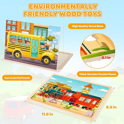 Puzzles for Kids Ages 4-6, 4 Packs 24 Pcs Wooden Jigsaw Puzzles for Toddlers Ages 2-4, Preschool Educational Vehicle Puzzle Toys Gifts for 3 4 5 6 Boys Girls