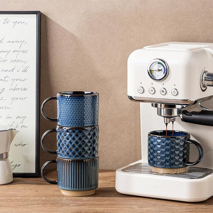GBhome 12 OZ Stackable Coffee Mugs Set of 4, Ceramic Coffee Cups Set | Coffe Cups With Saucer and Stand, Dishwasher&Microwave Safe, 4 Assorted Designs