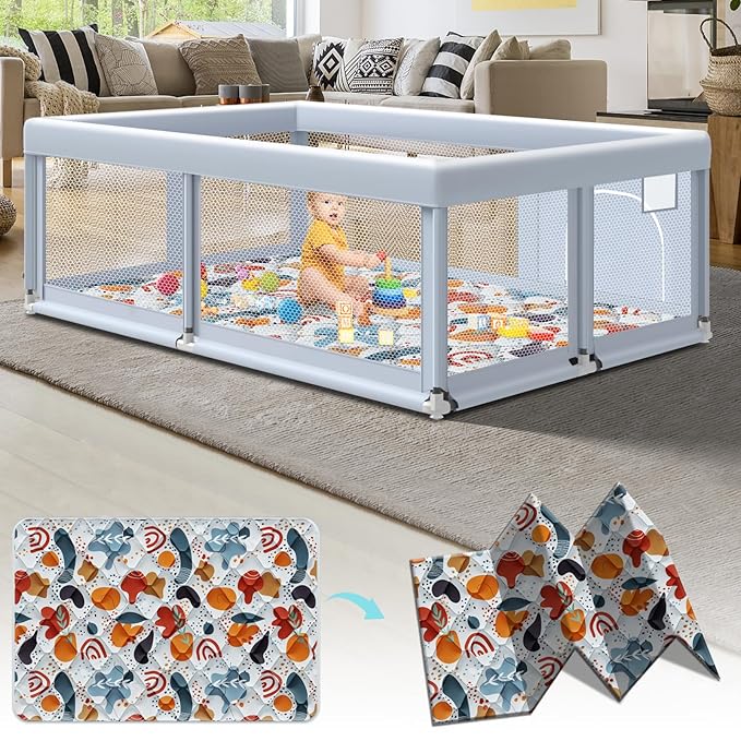 Fshibila 65" ×50" Large Baby Playpen with Mat, Baby Playard for Babies and Toddlers, Play Pens for Indoor & Outdoor, Sturdy Safety Play Yard with Soft Breathable Mesh, Anti-Fall, Grey