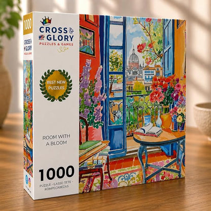 Cross & Glory – Room with a Bloom – 1000 Piece Jigsaw Puzzle for Adults | Colorful Floral City View Puzzle | Vibrant Home Interior Artwork | Premium Ribbon-Cut Puzzle with Satin Finish