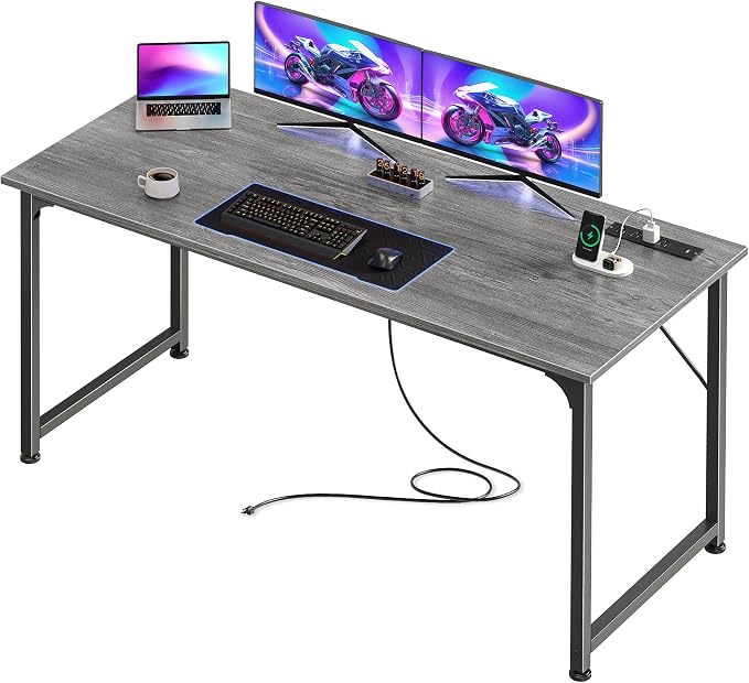PRAISUN 55 X 20 Inch Computer Desk, Power Outlets, USB-C, Grey | Office Desk with 4 AC Outlets, USB & USB-C, Sturdy Metal Frame, Spacious Desktop for Work, Writing, Study & Gaming