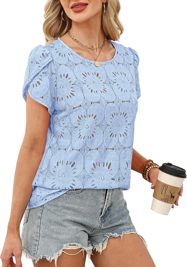 OFEEFAN Blouses for Women Dressy Casual Petal Short Sleeve Shirts Crochet Lace Boho Tops Spring Fashion Summer Outfits