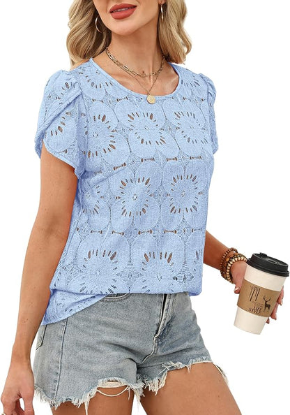 OFEEFAN Blouses for Women Dressy Casual Petal Short Sleeve Shirts Crochet Lace Boho Tops Spring Fashion Summer Outfits