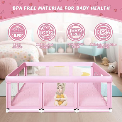 Fshibila 74" ×50" Large Baby Playpen, Baby Playard for Babies and Toddlers, Play Pens for Indoor & Outdoor, Sturdy Safety Play Yard with Soft Breathable Mesh, Anti-Fall, Pink