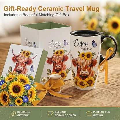Topadorn 17oz Ceramic Travel Mug with Lid, Highland Cow Coffee Mug | Farmhouse Ceramic Coffee Cup with Handle, Gift Box Included, Dishwasher & Microwave Safe