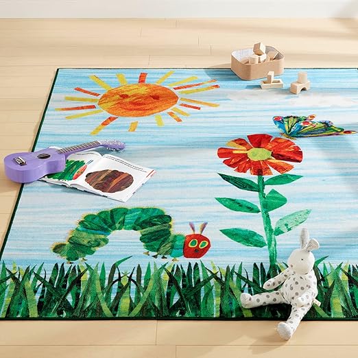 Eric Carle Home Dynamix The Very Hungry Caterpillar Elementary Sun Scene Kids Machine Washable Area Rug, Blue/Green, 35"x51"