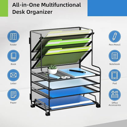 MINDEPOT 4-Tier Paper Organizer + 3-Pocket File Holder + Drawer + Pen Holders, Desktop File Organizers Paper Tray for Office Supplies School Classroom Organization (Black, No Drawer & Pen Holder)