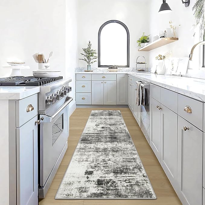 2'6''x8' Runner Rugs Washable Rug: Modern Abstract Hallway Runner Rug Indoor Soft Low Pile Thin Carpet Anti-Skid Non-Shedding Carpets for Kitchen, Entryway, Laundry, Bedroom - Black Grey