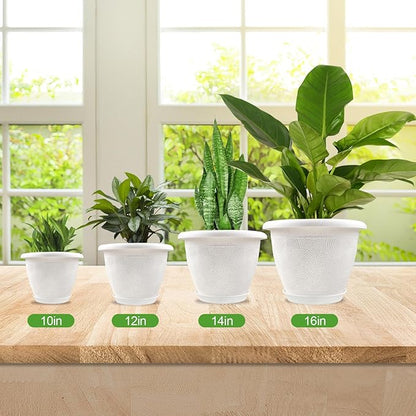 Plastic Flower Pots Planters for Indoor Plants, 4 Pack 12 Inch White Plant Pots with Drainage Hole & Tray, Modern Decorative Large Plant Pot with Saucer for Indoor Outdoor Plants Garden House Planter