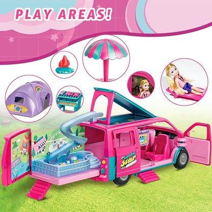 Dollhouse Camping RV Playset for Girls - Kids Camper Van Toy with Slide, Pool, Tent, BBQ Grill & Doll Accessories - Pretend Play Outdoor Adventure Toy Birthday Gift for 3 4 5 6 7 8 Year Old