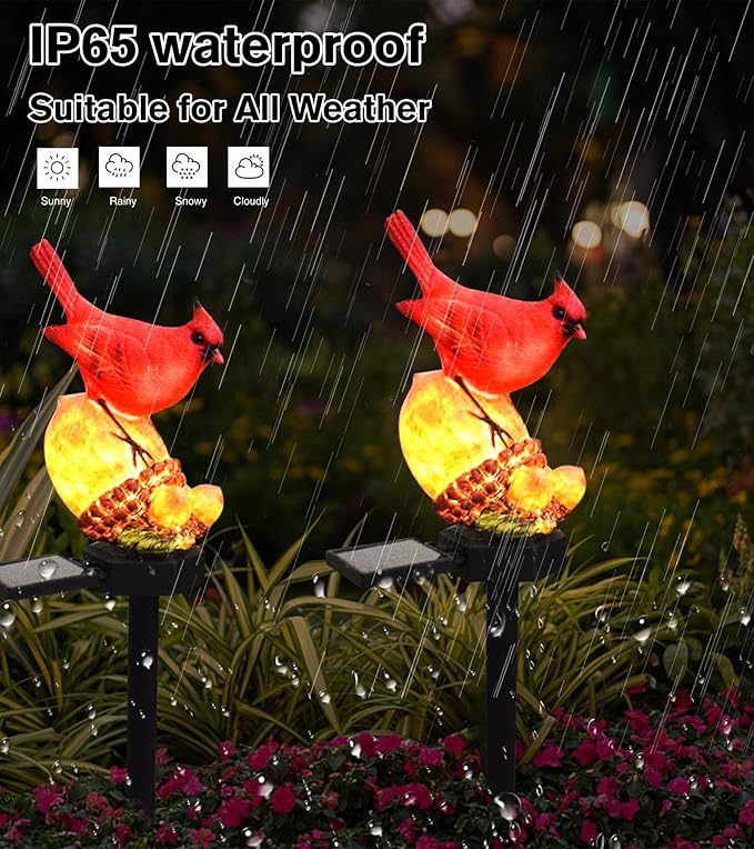 Cardinal Decor Solar Garden Decor Waterproof Red Bird Figurine Solar Stake Lights for Outside Yard, Patio, Lawn, Porch, Cemetery, Grave