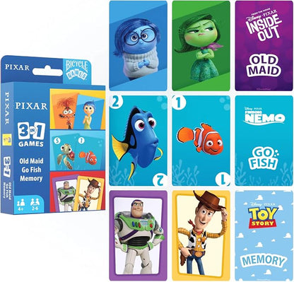 Bicycle Disney and Pixar 3-in-1 Card Games, Old Maid, Go Fish & Memory, Featuring Toy Story, Finding Nemo & Inside Out Characters, Kids Card Games Ages 4+, Family Games for 2-6 Players
