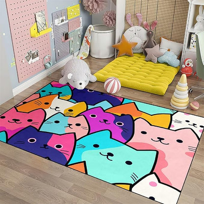 Cat Rug for Girls Bedroom - Cat Area Rug Cartoon Cat Rug Carpet for Kids Room Cute Cat Rugs Room Decor Colorful Anime Rug with Cat Printed, 3x5 Feet