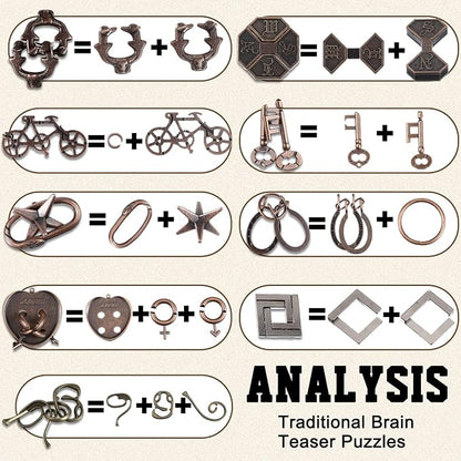 Wettarn 9 Pcs Metal Brain Teaser Puzzles 3D Steel Puzzle Set for Adults IQ Logic Challenge Disentanglement Unlock Interlocking Games Smart Logic Test Toys for Adults Mind Challenge(Classic Style)