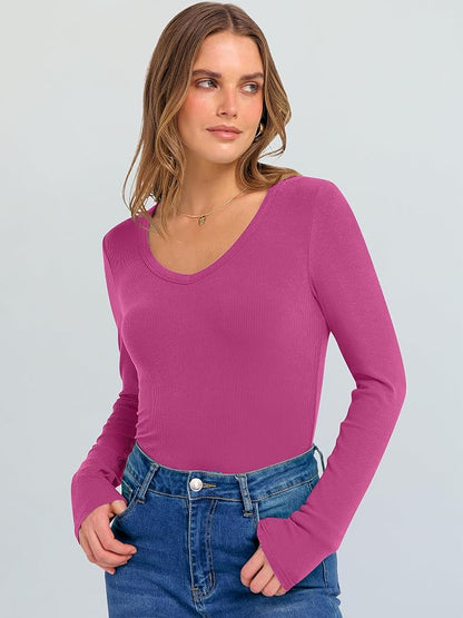 ANRABESS Long Sleeve V Neck Shirts for Women | Soft Comfy Ribbed Knit Fitted Tshirts, Casual Going Out Tops, 2026 Trendy Basic, Fall Winter Underscrub Layering Clothes