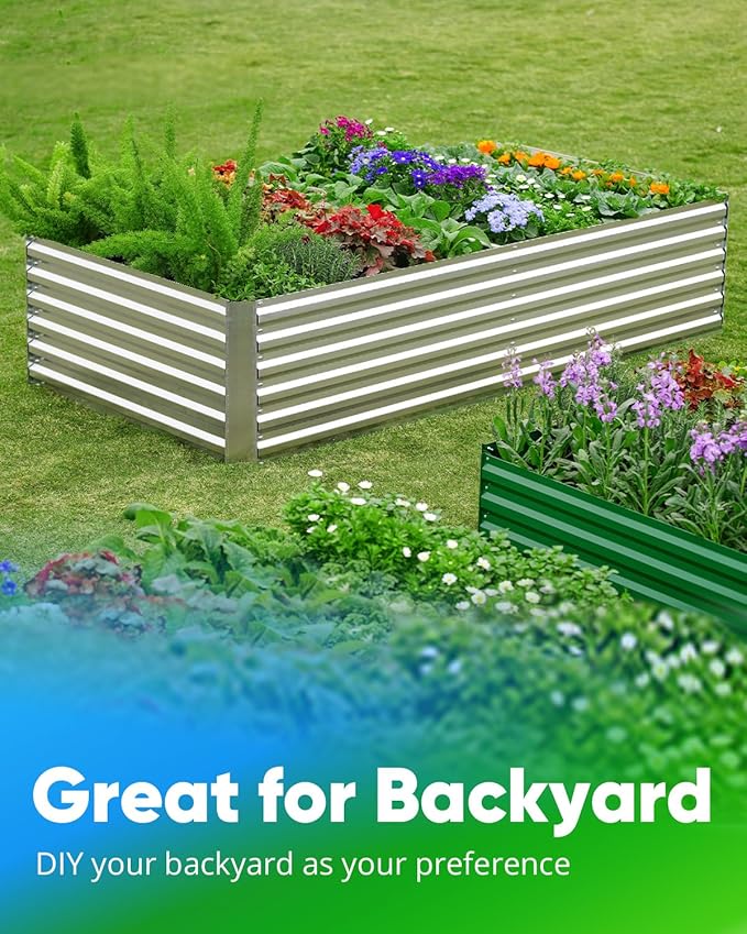 Quictent Galvanized Raised Garden Bed 8x4x2 Ft Tall Metal Planter Box for Vegetables Outdoor Bottomless for Backyard, 2 Tomato Cages Included, 22.04" Deep (Silver)