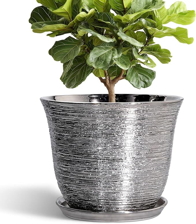 Ceramic Planter - 12 Inch Pots for Plants Indoor Outdoor, Round Planter with Drainage Hole and Saucer, Modern Decorative Planters, Large Plant Pot, House Patio Decor, Garden Gifts, Silver