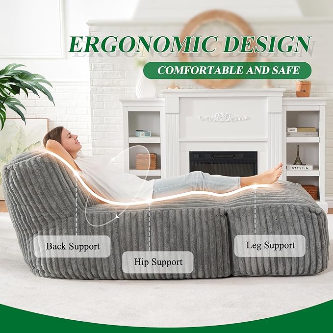 Hobestluk Big Bean Bag Lounger Chairs Large Beanbag Chair for Adults Bean Bag Sofa with Memory Foam Filled for Living Room, Bedroom or Balcony (Stripe Grey)
