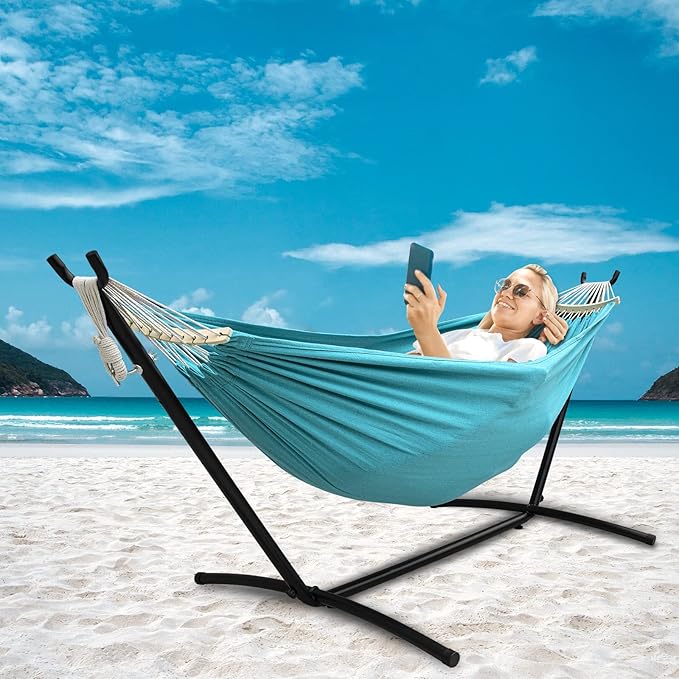 SZHLUX Double Hammock with Stand Included 450lb Capacity Steel Stand, Premium Carry Bag Included.Indoor Outdoor Brazilian-Style Cotton Bed for Backyard, Camping,Garden