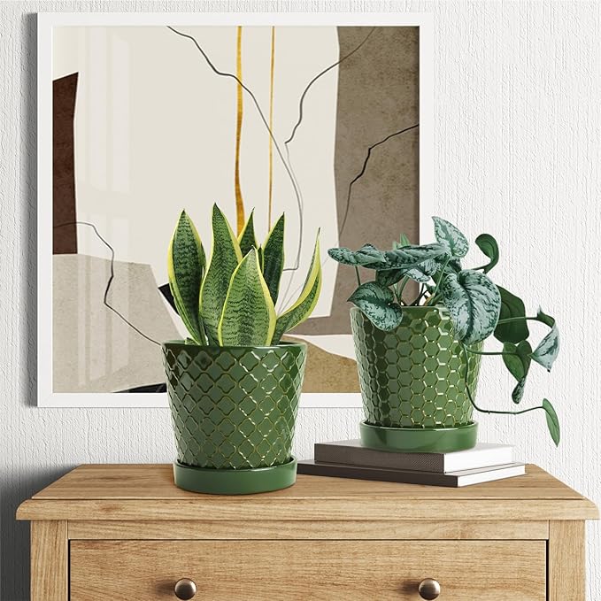 EFISPSS Ceramic Plant Pots, 5 Inch Planters with Drainage Holes and Ceramic Tray, Relief Design Flower Planter, Desktop Office Windowsill Decoration Gift Set of 4 - Blackish Green