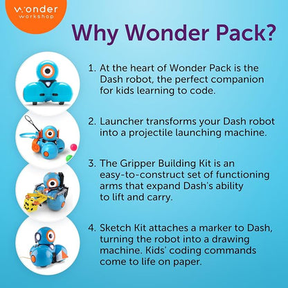 Wonder Workshop Dash Robot Wonder Pack – Coding Educational Bundle for Kids 6+ – Free STEM Apps with Instructional Videos - Launcher Toy, Sketch Kit Drawing, Gripper Building