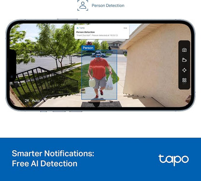 Tapo 2K Wireless Smart Video Doorbell - 160° Ultra-Wide View, Person Detection, 2-Way Talk, Ring Call, Night Vision, Subscription-Free Local Storage or Optional Cloud, D205