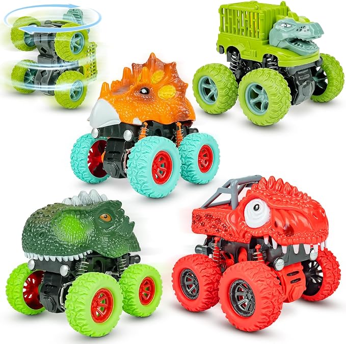 Beestech Dinosaur Toys for 2 3 4 5 Year Old Boys, Push & Pull Friction Powered Dinosaur Monster Truck Vehicles for Toddlers Preschoolers Birthday Gifts