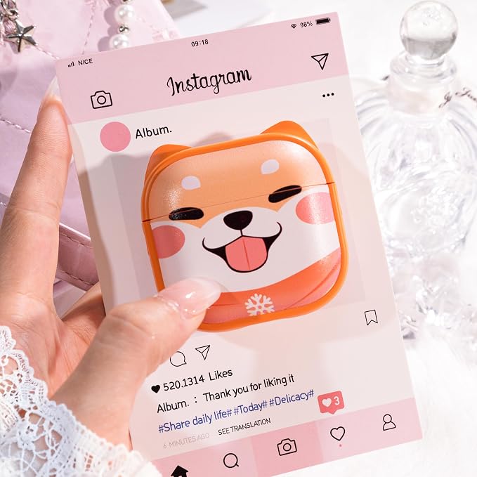 for AirPods 4 Case with Cleaning Kit, Cute Cat Ear Print Design & Cute Buckle, Inverted Phone Holder Design, Top Safe Lock Buckle Design, for Girls AirPods 4 case 2024, Orange Dog