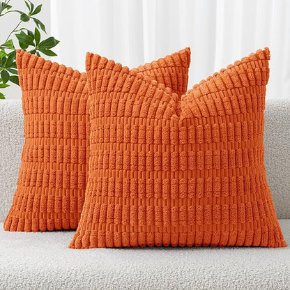 MIULEE Fall Pack of 2 Orange Corduroy Decorative Pillow Covers 20x20 Inch Soft Boho Striped Throw Pillow Covers Modern Farmhouse Home Decor for Halloween Thanksgiving Sofa Living Room Couch Bed