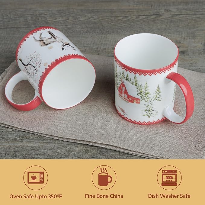 Maison d' Hermine Coffee Mug with Handles Tea Cups (12 Ounce, Pack of 2) | Fine Bone China Coffee Mugs for Hot Beverages Cappuccino Latte Home Restaurant Hotel Spring Summer -Rural Christmas