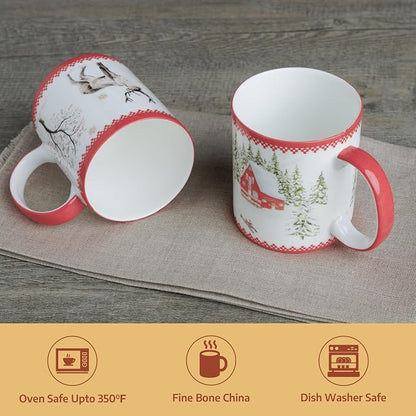 Maison d' Hermine Coffee Mug with Handles Tea Cups (12 Ounce, Pack of 2) | Fine Bone China Coffee Mugs for Hot Beverages Cappuccino Latte Home Restaurant Hotel Spring Summer -Rural Christmas