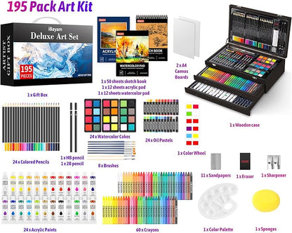iBayam Deluxe Art Set,195-Pack Artist Gift Box, Arts and Crafts Drawing Painting Kit Art Supplies for Adults Teens Kids, Art Kits with 24 Acrylic Paint, Sketchbook, Canvases, Crayons, Pencils