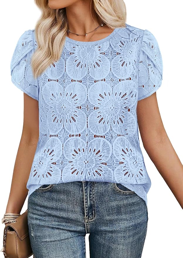 OFEEFAN Blouses for Women Dressy Casual Petal Short Sleeve Shirts Crochet Lace Boho Tops Spring Fashion Summer Outfits