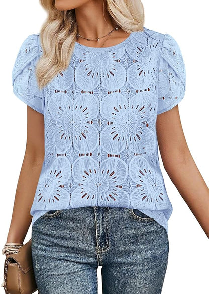 OFEEFAN Blouses for Women Dressy Casual Petal Short Sleeve Shirts Crochet Lace Boho Tops Spring Fashion Summer Outfits