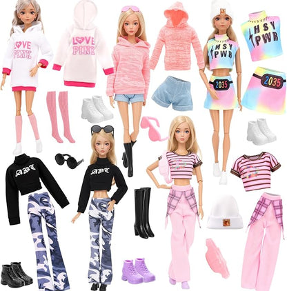 15 Pcs Doll Clothes and Accessories for 11.5 Inch Dolls Includes 5 Stylish Doll Outfit, Sport Sweet Set, Dress, Hoodie Fashion Casual Clothing Glasses Stockings Waist Bag Hat High Heels and Flat Shoes