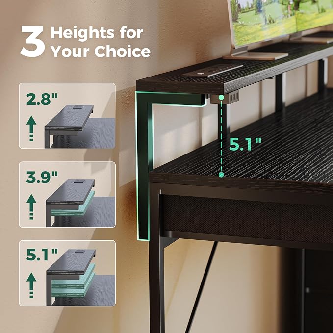 Huuger Gaming Desk with 6 Drawers, Computer Desk with LED Lights Power Outlets and Type-C, 55 Inch Office Desk with Storage, Monitor Stand, Writing Desk Work Desk Home Office, Bedroom, Black, 1CD102B
