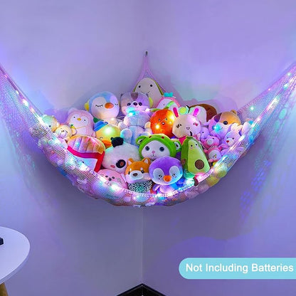 Unicorn Castle Stuffed Animals Net or Hammock Kids Toy Storage Organizer with LED Light Hanging Corner Stuffed Animals Holder Kids Girls Room Decor,Blue-Purple,Large (Pack of 1)