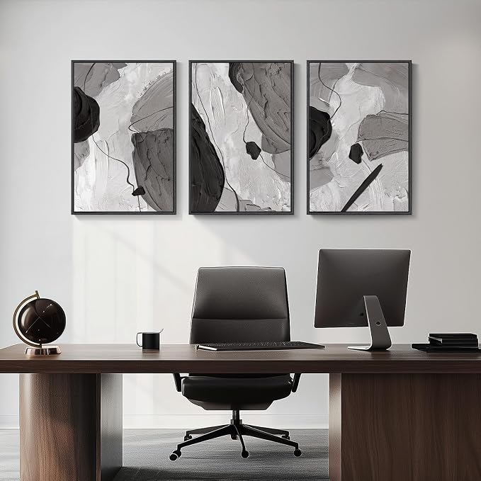 Large Framed Black and White Gray Abstract Wall Art, Set of 3 Piece Modern Canvas Prints Paintings Artwork for Walls, Minimalist Pictures for Living Room Bedroom Dining Room Hallway Wall Decor 20x30 In