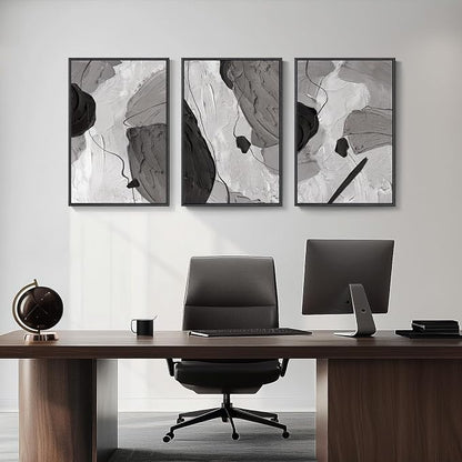 Large Framed Black and White Gray Abstract Wall Art, Set of 3 Piece Modern Canvas Prints Paintings Artwork for Walls, Minimalist Pictures for Living Room Bedroom Dining Room Hallway Wall Decor 20x30 In