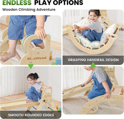 BlueWood Pikler Triangle Set with Cushion - Climbing Toys for Toddlers 9-in-1, Montessori Philosophy Play Jungle Gym with Arch, Ramp, Ladder (Pink)