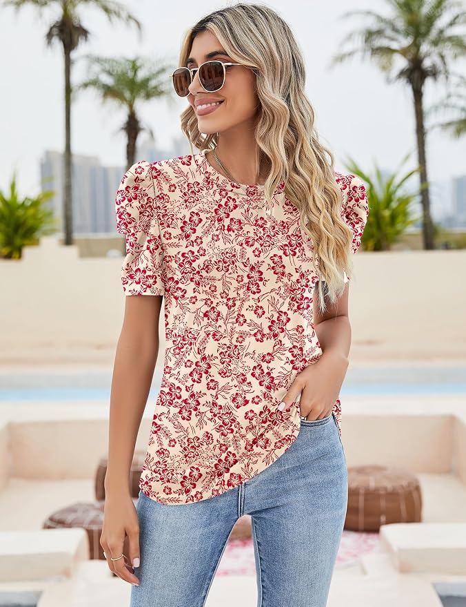Ivicoer Puff Short Sleeve Shirt for Women Eyelet Tops Summer Crewneck Blouse Loose Fit S-XXL