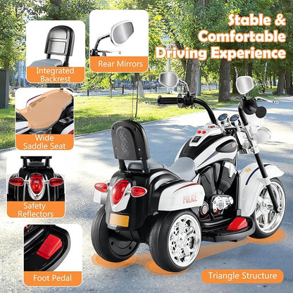 Costzon Kids Motorcycle, 6V Battery Powered Ride on Chopper Motorcycle w/Horn, Headlight, 3-Wheel Stable Ride on Toys, Electric Toddler Motorcycle for Kids, Gift for Boys Girls (Police White)