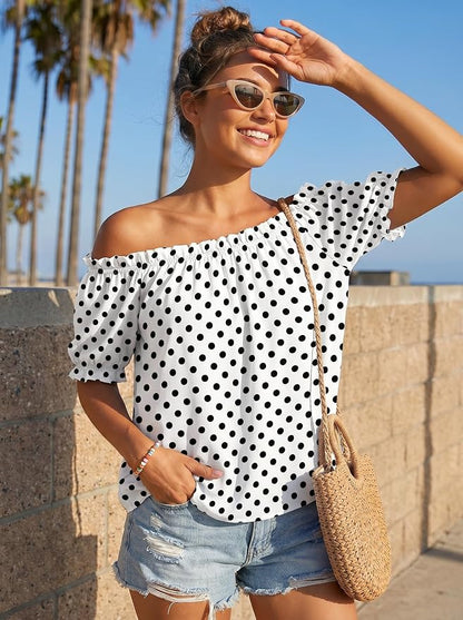 EVALESS Womens Tops Off The Shoulder Blouses for Women Dressy Casual Cute Puff Sleeve T Shirts Fashion 2026