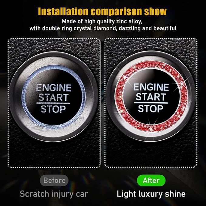 Kewucn Bling Crystal Double Rhinestone Car Engine Start Decoration Ring, Sparkling Push Start Button Sticker, Key Ignition & Knob Ring Decoration, Bling Car Interior Accessory(Red)