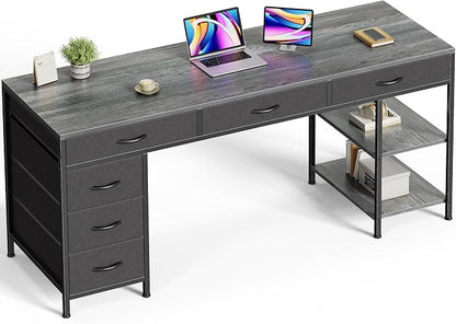 Huuger Computer Desk with 6 Drawers, Office Desk with Shelves, Reversible Gaming Desk, Corner Desk with Storage, Work for Home Office, Study, Living Room, 63inch, Grey